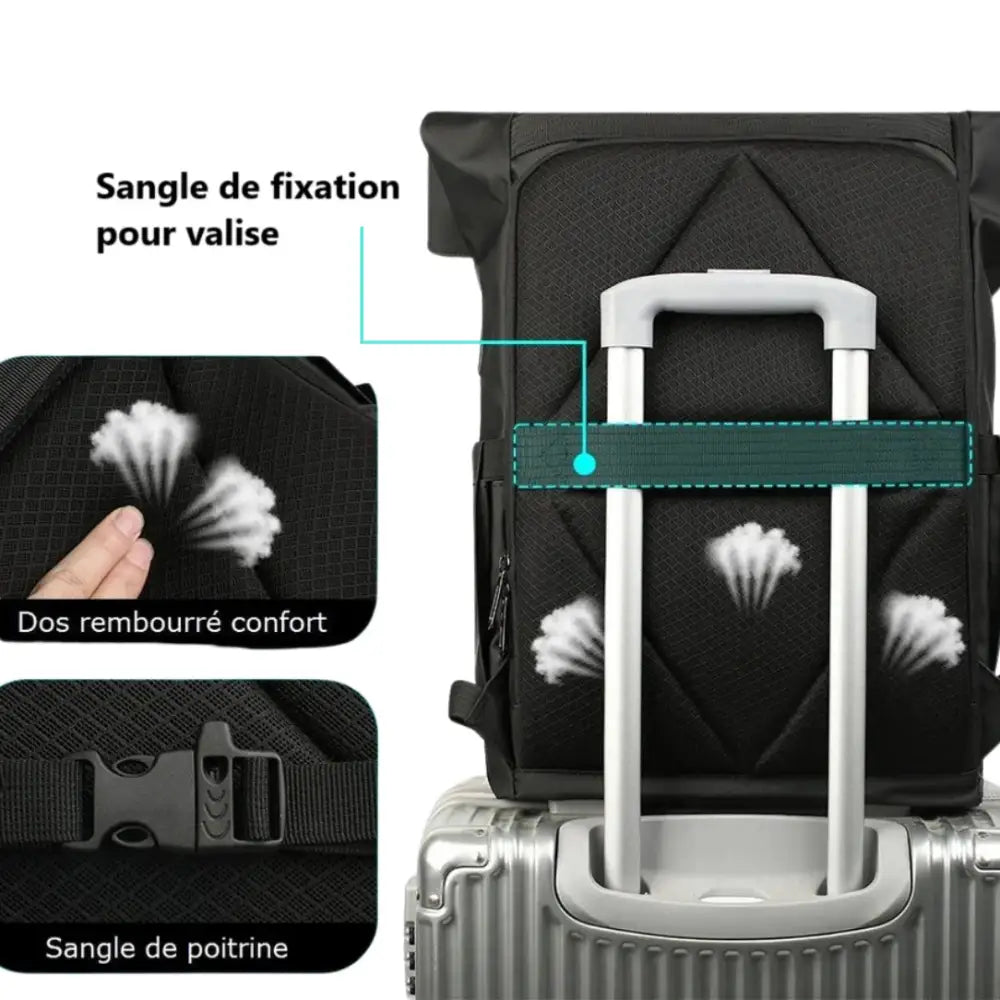 Sac à dos roll top homme noir sur valise, parfait pour voyager et style top homme