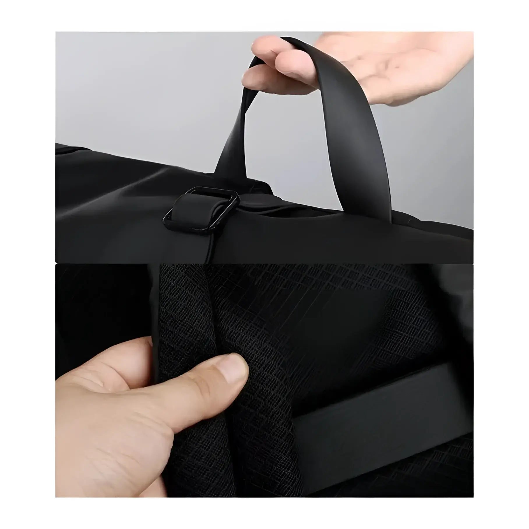 Sac à dos noir avec poignée et dos en maille.