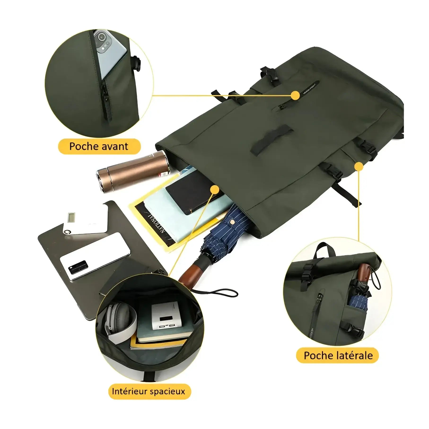 Sac à dos vert ouvert.