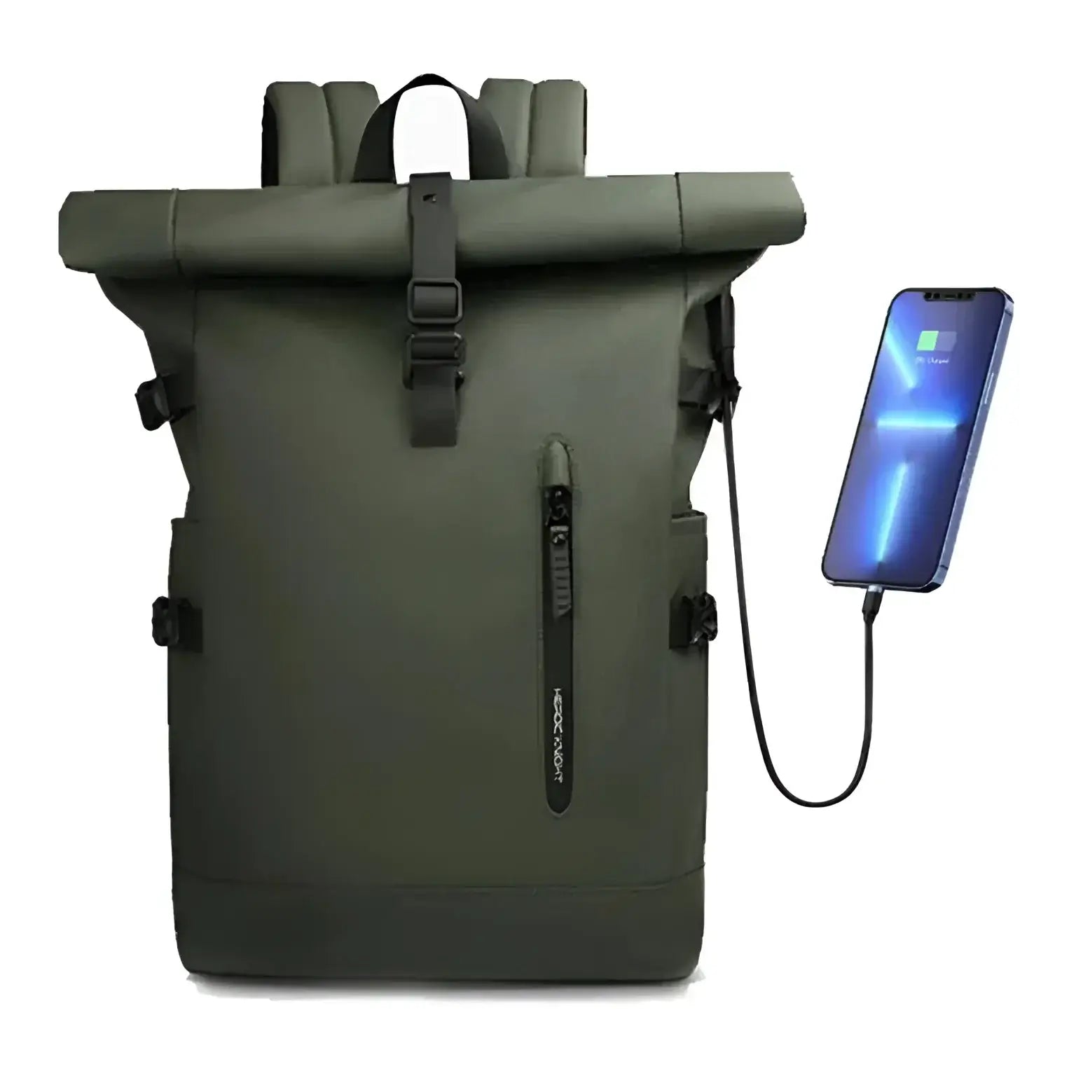 Sac à dos vert à roulettes avec chargeur de téléphone.