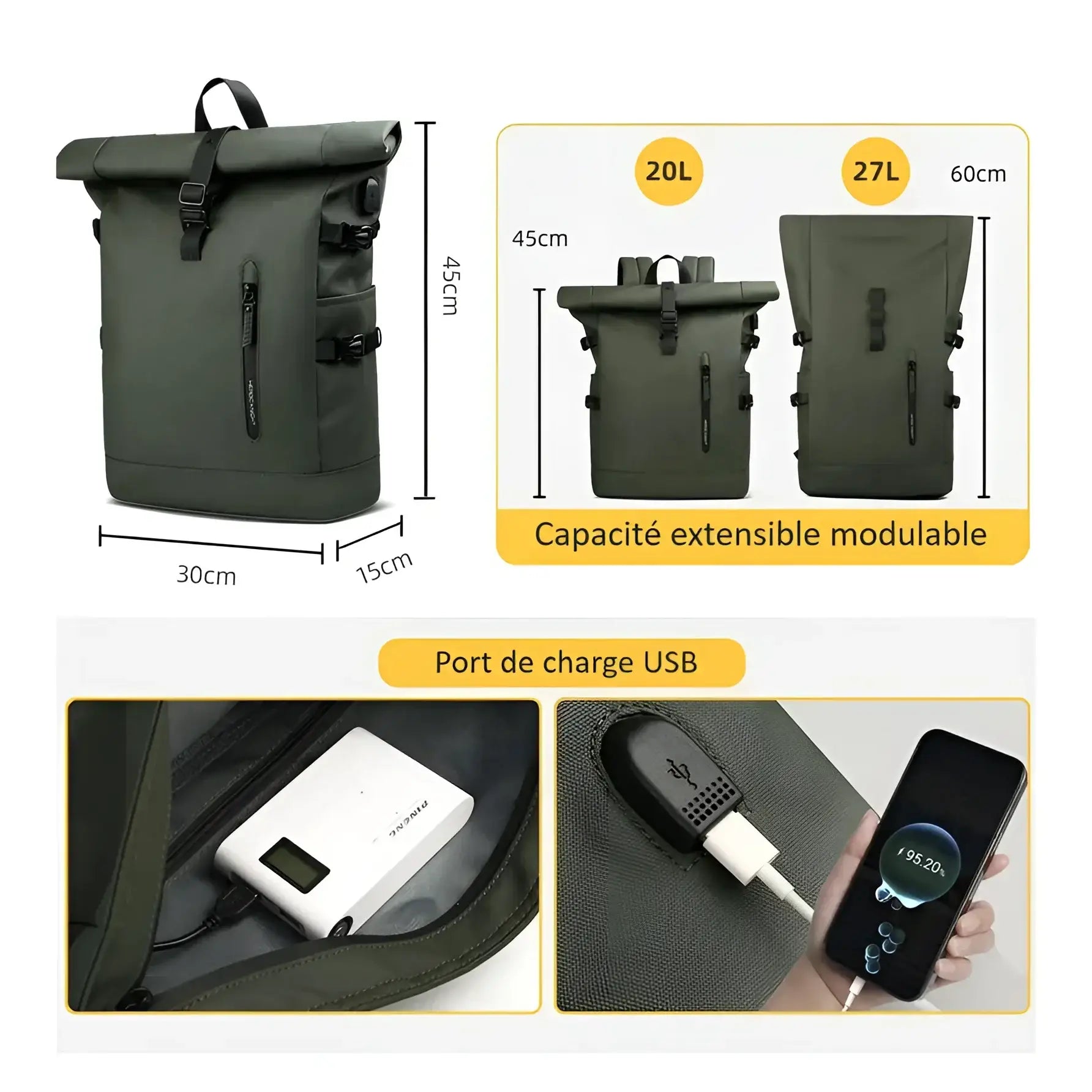 Sac à dos vert à roulettes avec port de charge USB.