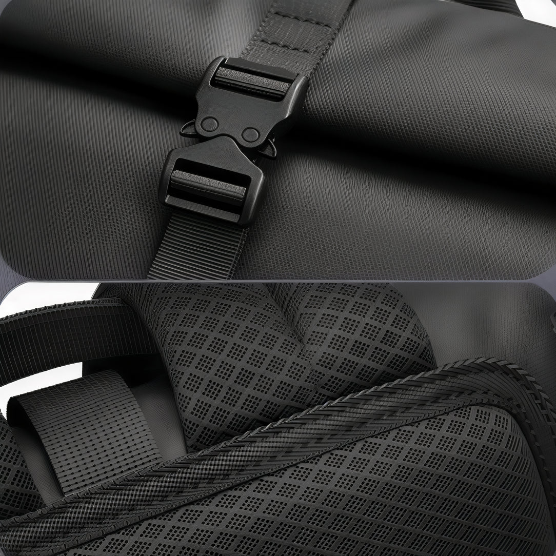 Détails du sac à dos roll top urbain Néo avec design noir et matériaux résistants