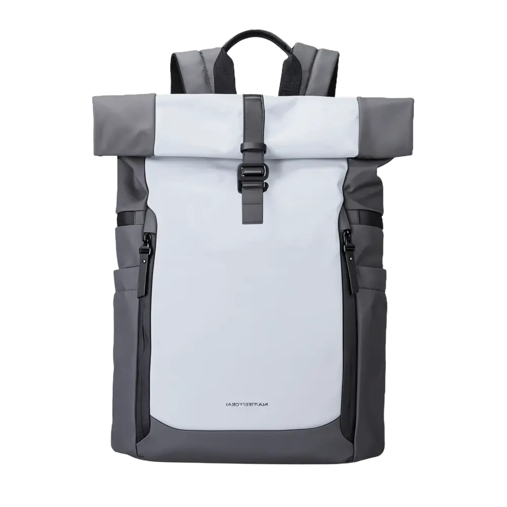 Sac à dos à roulettes gris et blanc.