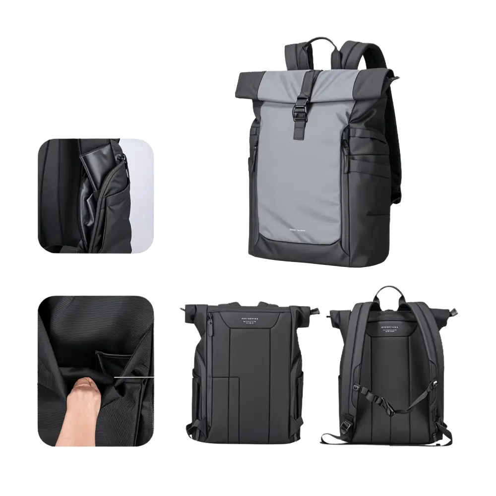 Sac à dos à roulettes gris et noir.