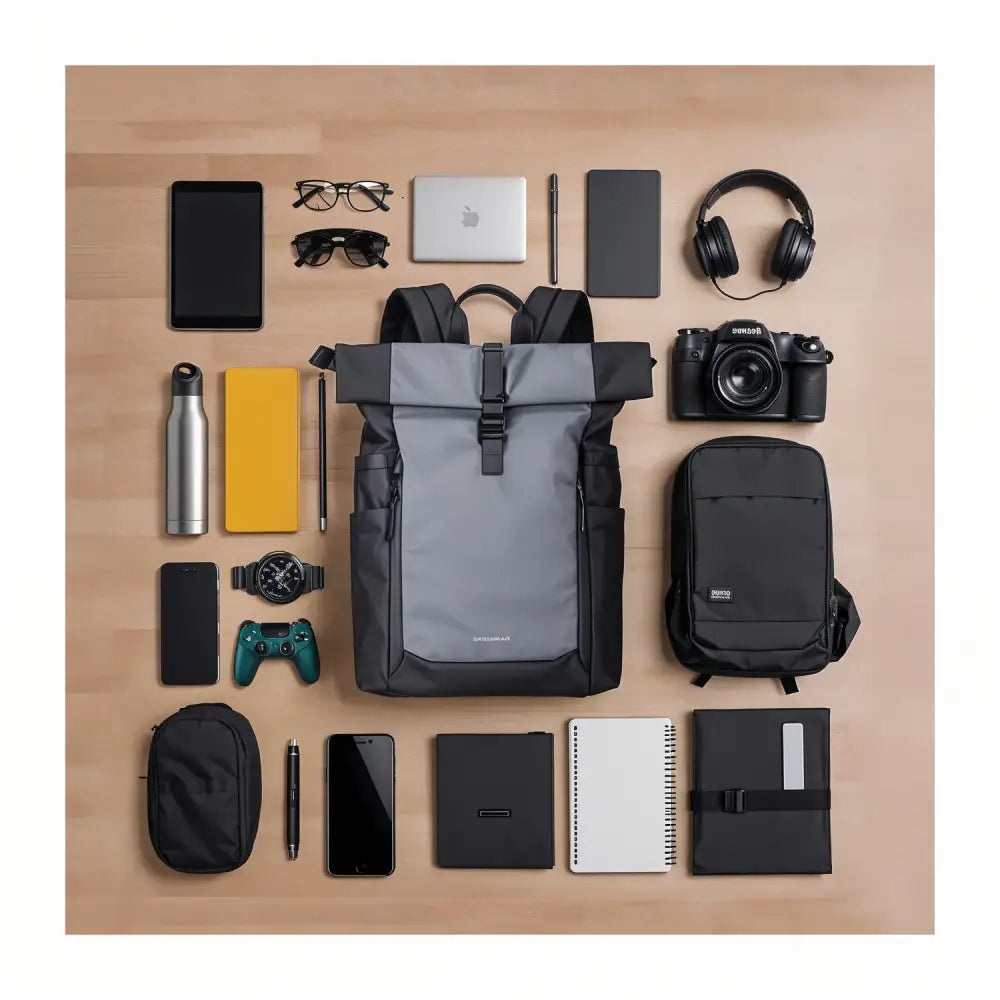 Sac à dos à roulettes gris et noir.