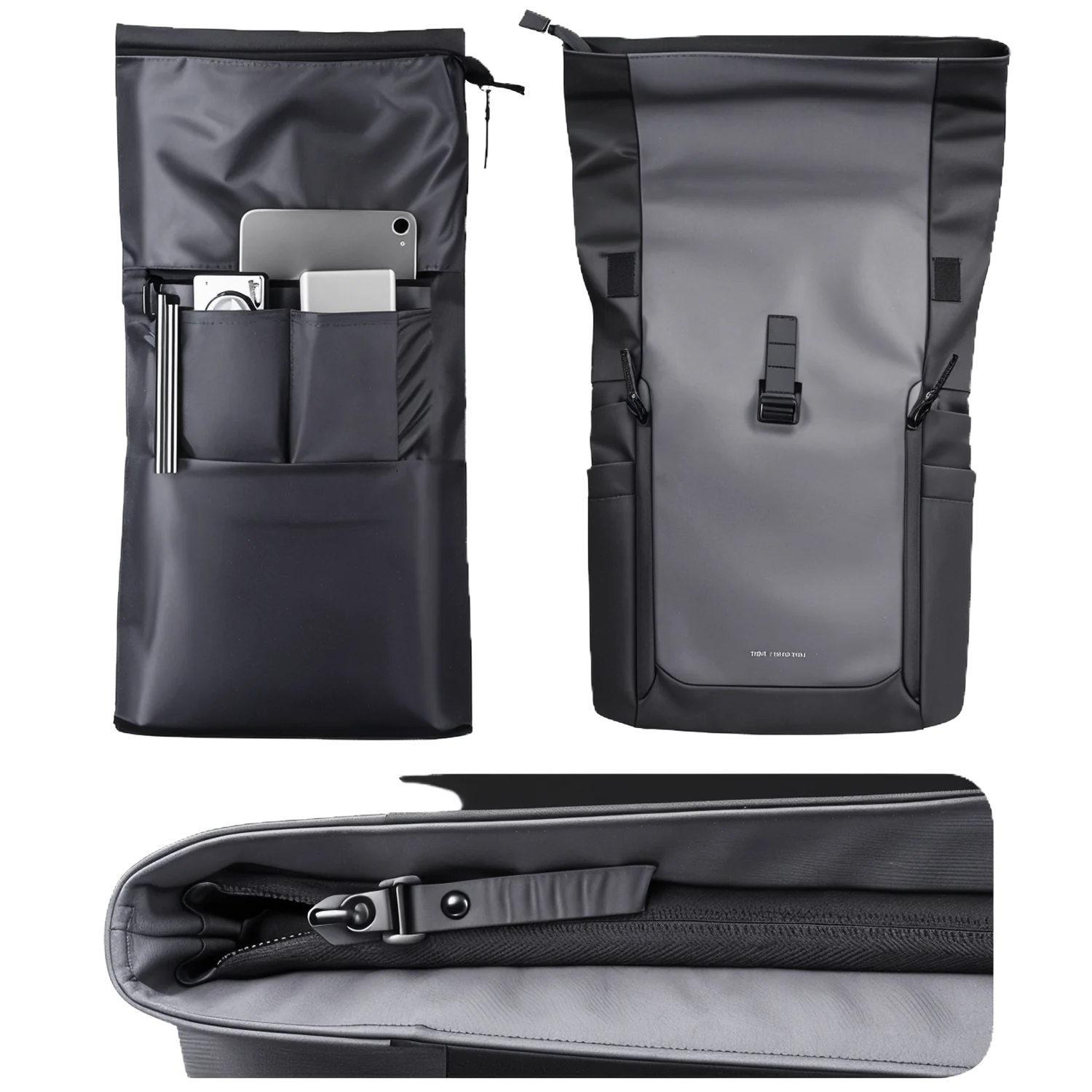 Sac à dos à roulettes gris et noir.