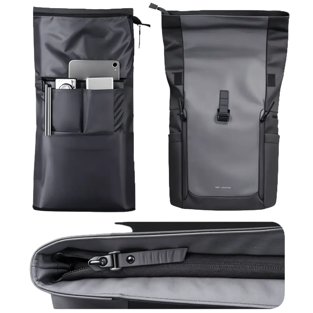 Sac à dos à roulettes gris et noir.