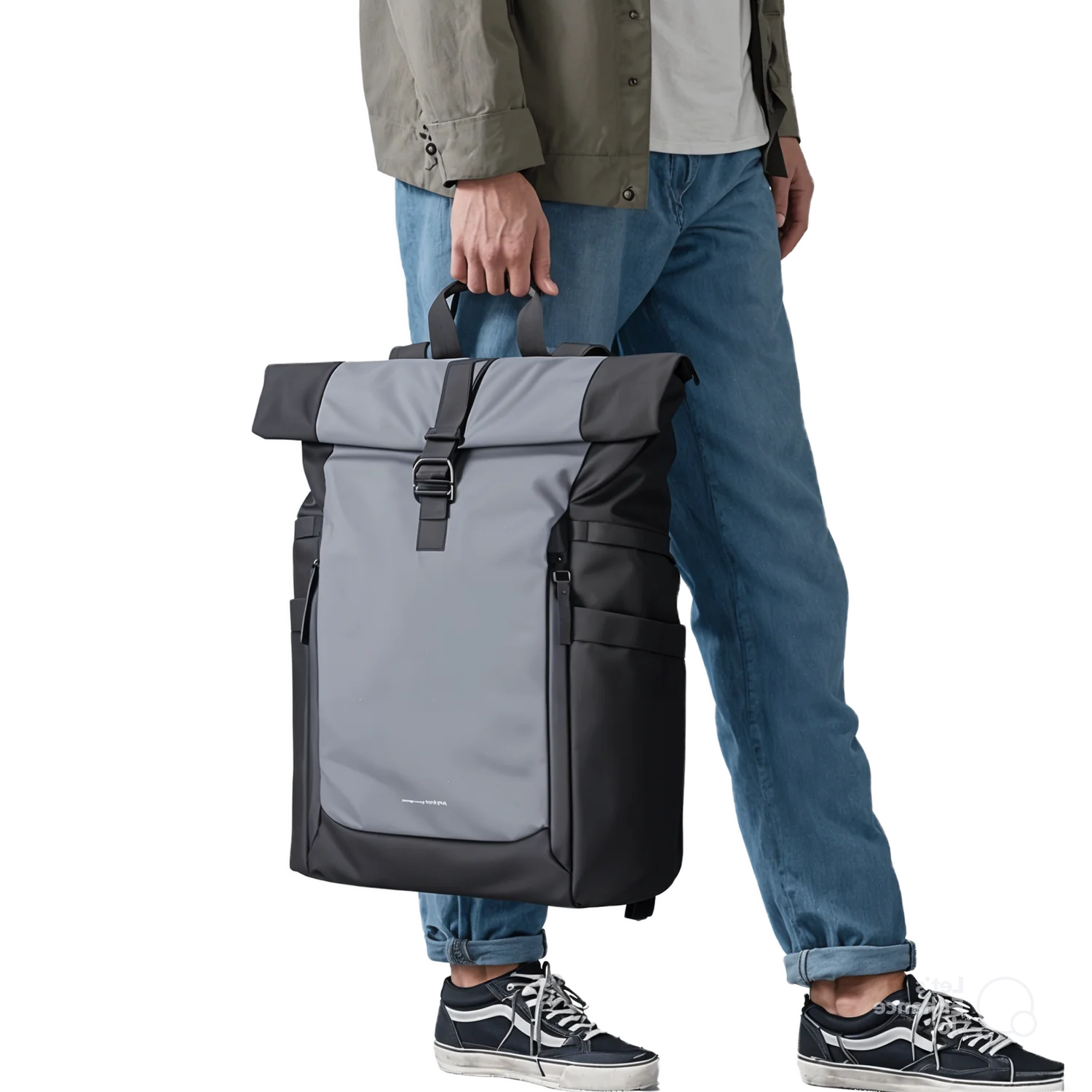Sac à dos à roulettes gris et noir.