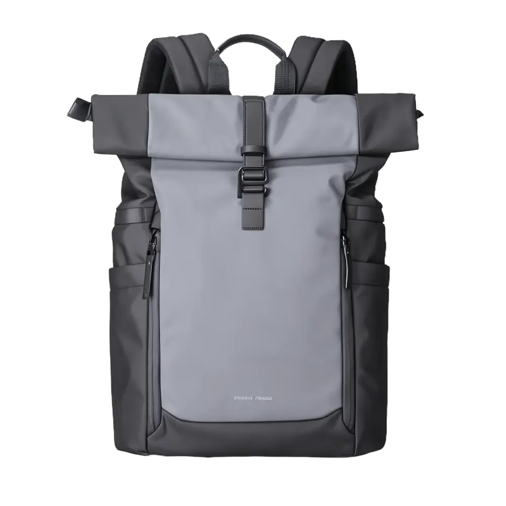 Sac à dos à roulettes gris et noir.