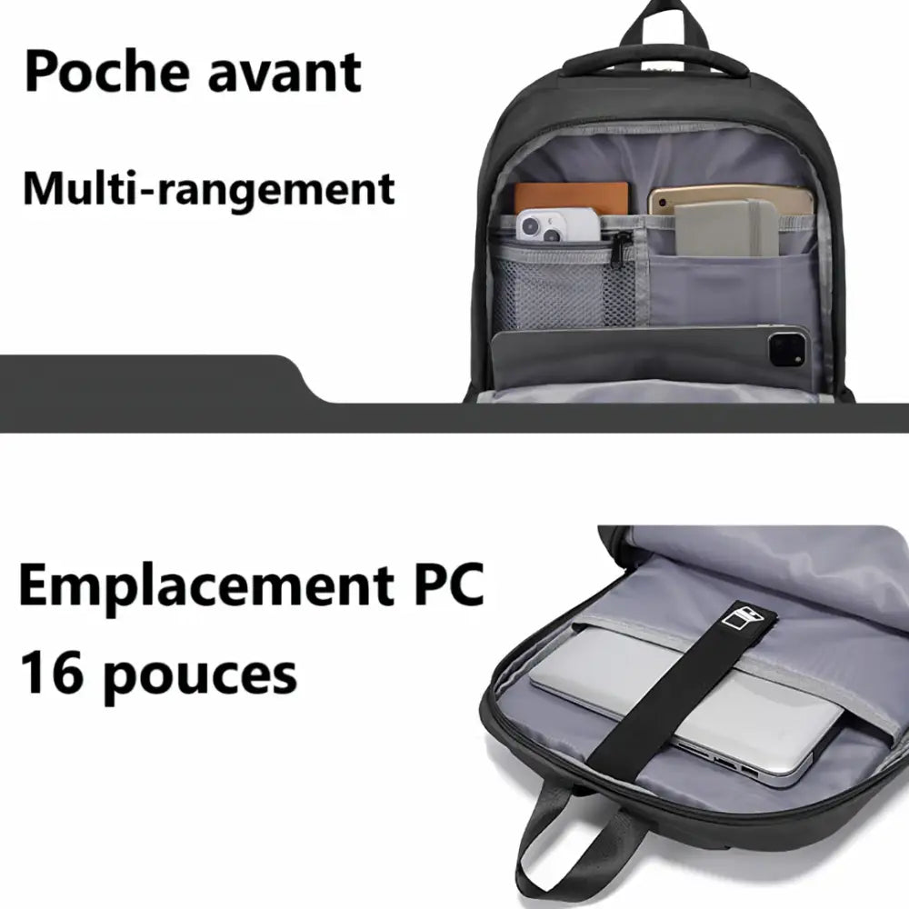 Sac à dos noir à compartiments multiples.