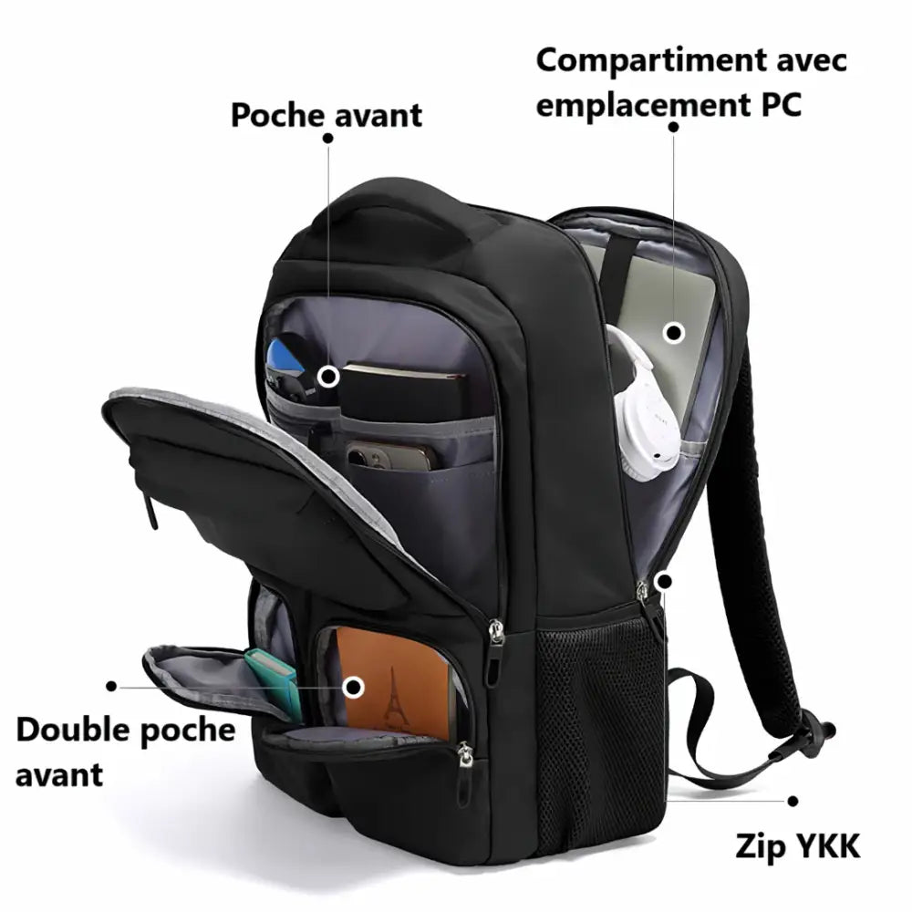 Sac à dos noir ouvert avec de multiples compartiments.