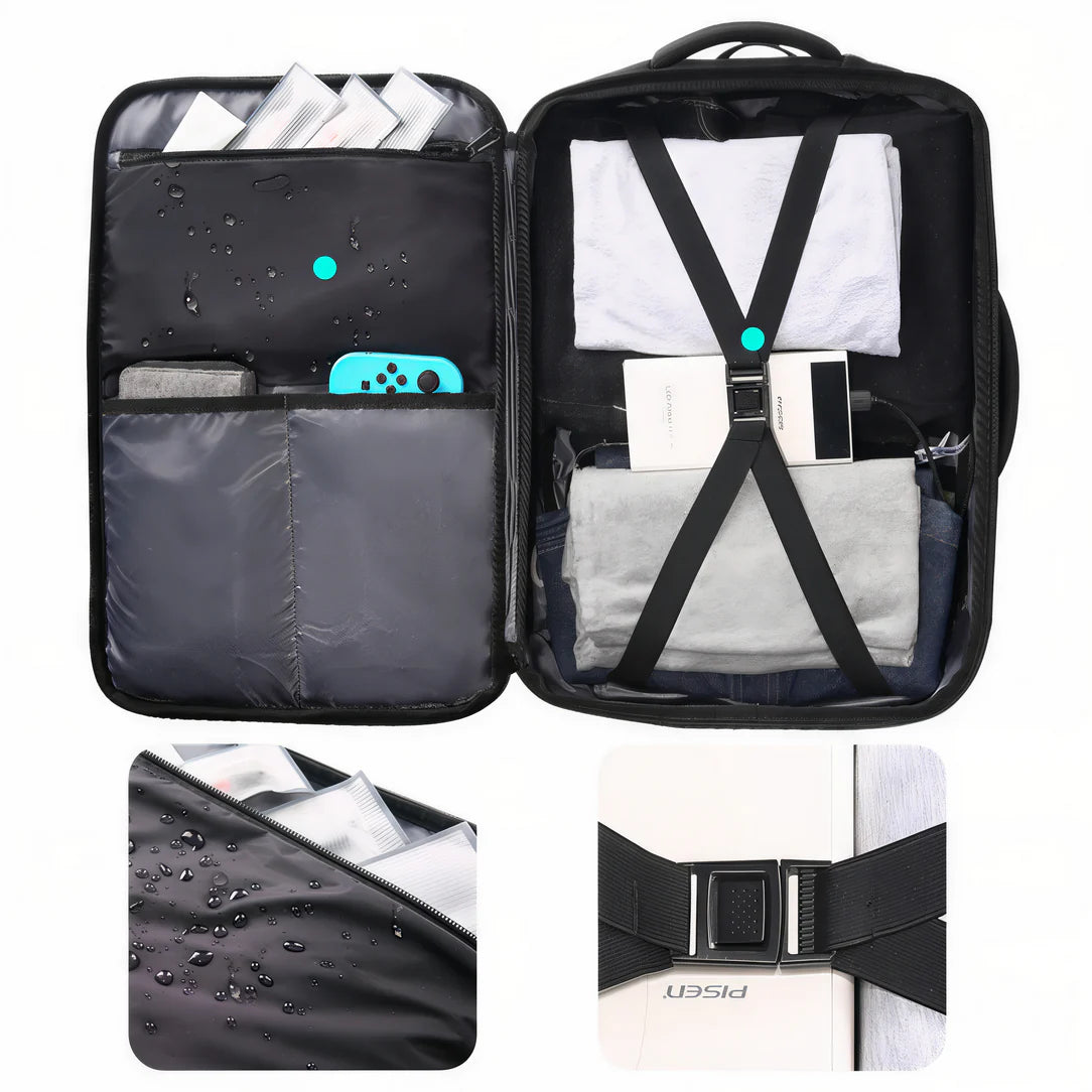 Sac à dos voyage RoamPack 40L noir ouvert, parfait pour vos aventures