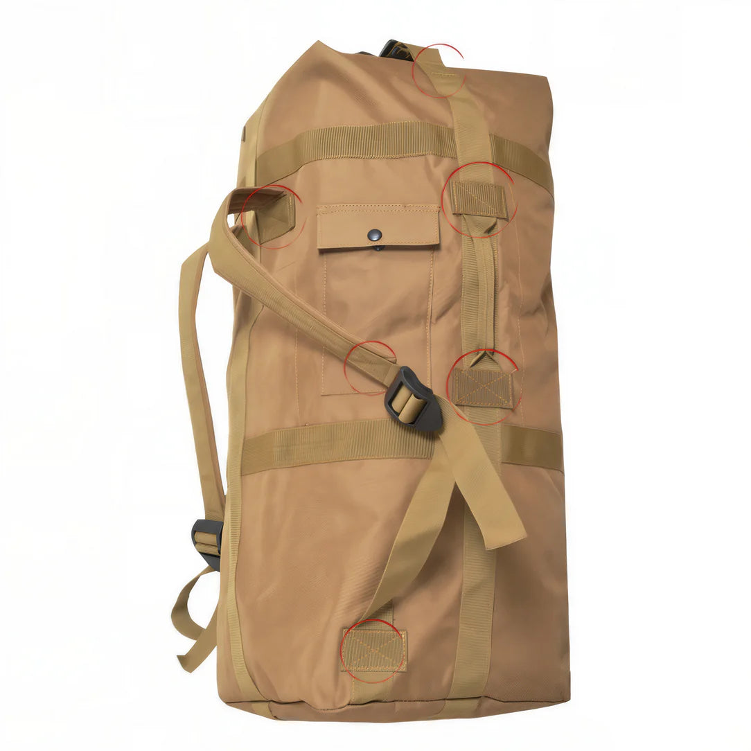 Sac à dos voyage 80l Tactical en toile beige avec poches latérales solides
