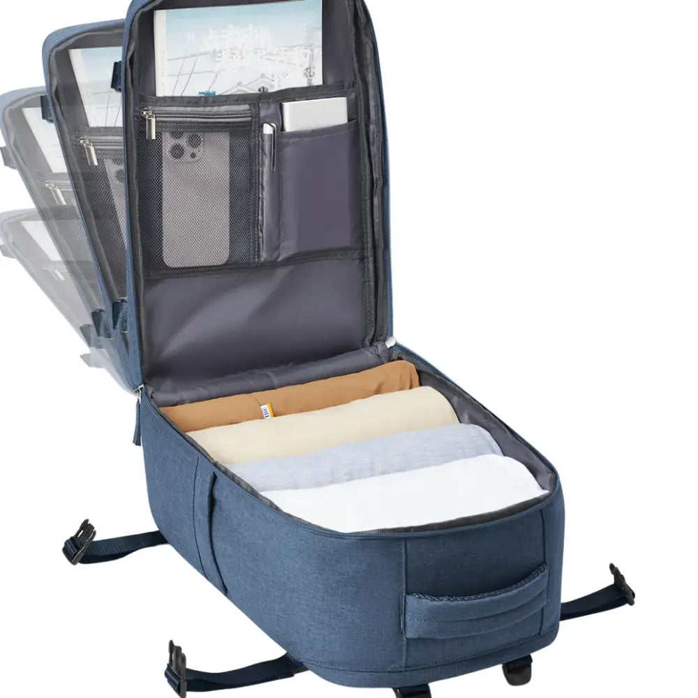 Valise bleue ouverte Sac à dos voyage cabine 40x25x20 Skyfold pour voyage cabine