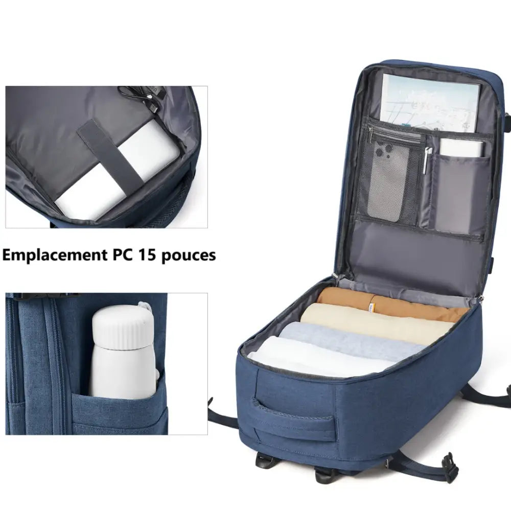Sac à dos voyage cabine 40x25x20 bleu ouvert, parfait pour voyager en cabine