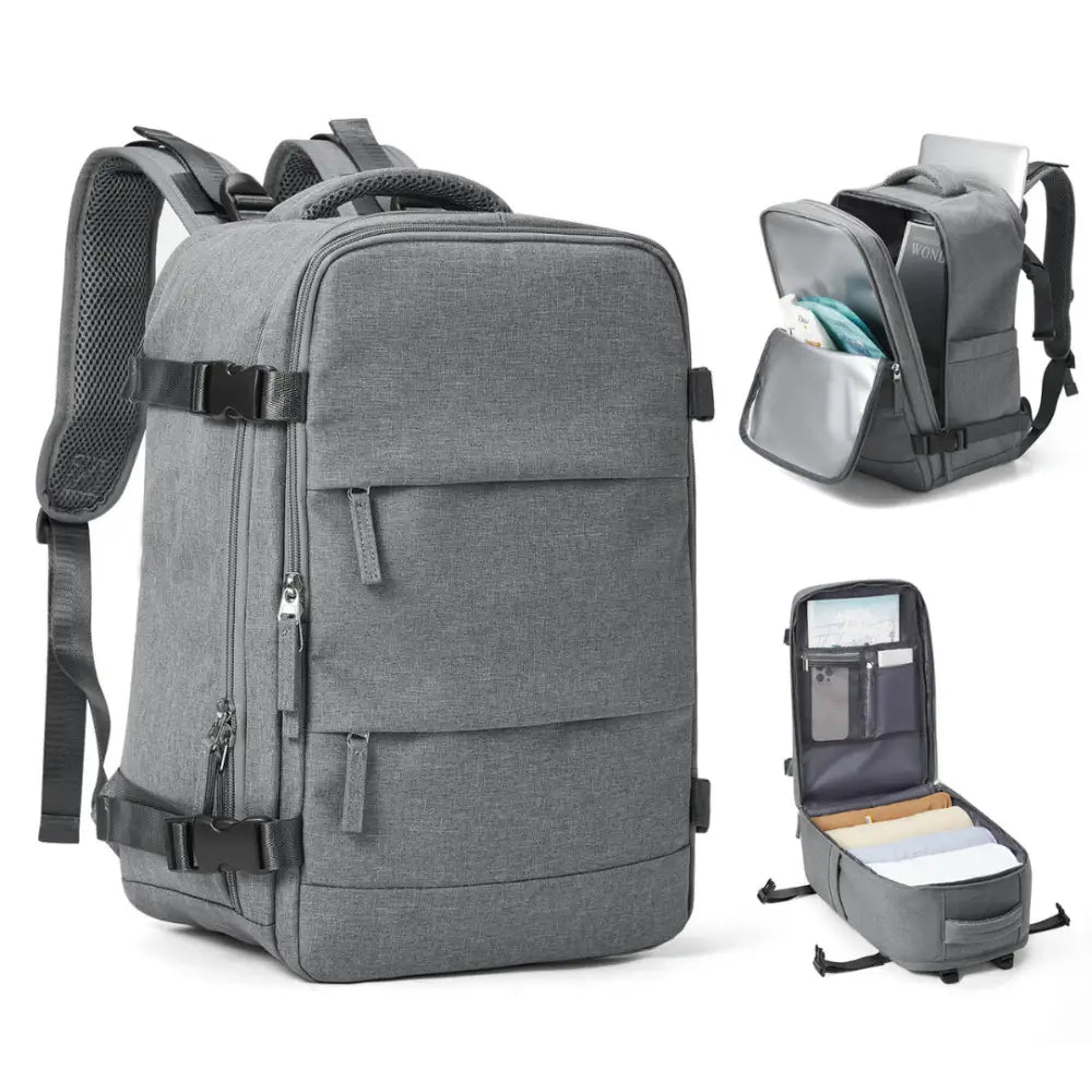Sac à dos voyage cabine 40x25x20 gris avec plusieurs compartiments pour voyage cabine
