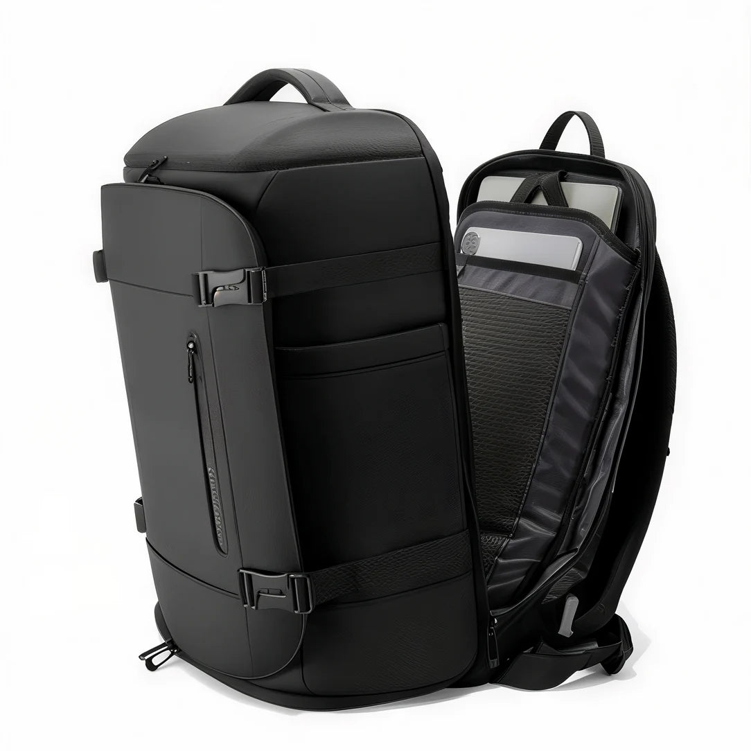 Sac à dos voyage ordinateur cabine noir ouvert, facile à transporter et pratique