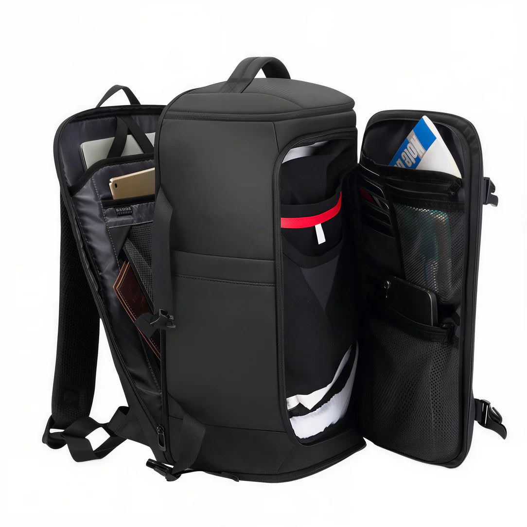 Sac à dos voyage ordinateur CabLink noir avec plusieurs compartiments ouverts