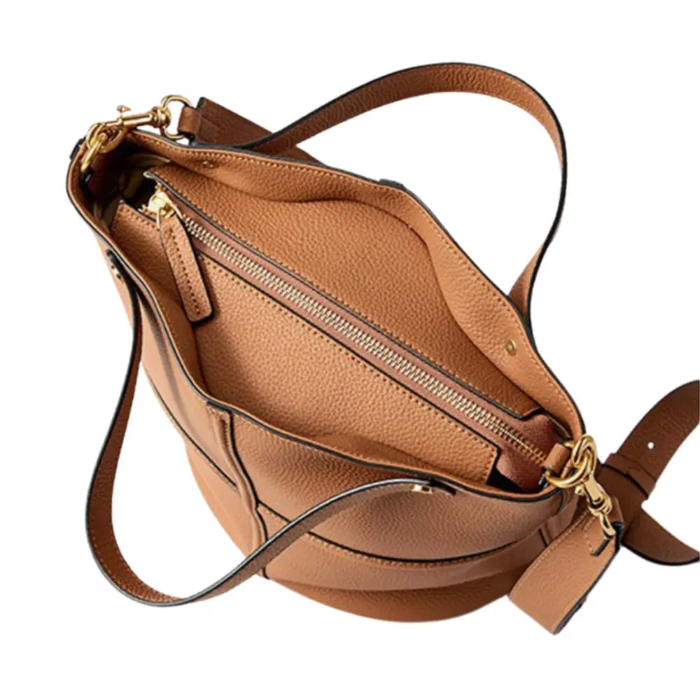 Sac à main bandoulière en cuir marron ouvert, élégant sac à main en cuir