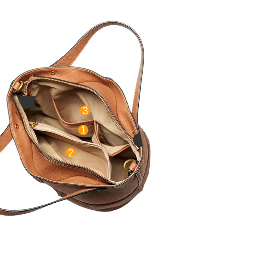 Sac à main bandoulière en cuir brun avec plusieurs compartiments intérieurs