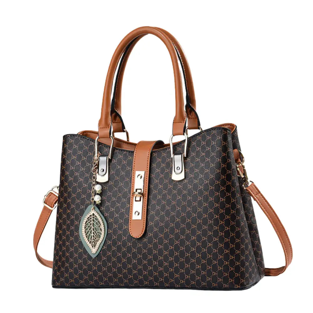 Sac à main classique Alya en cuir marron avec motifs, poignées et bandoulière