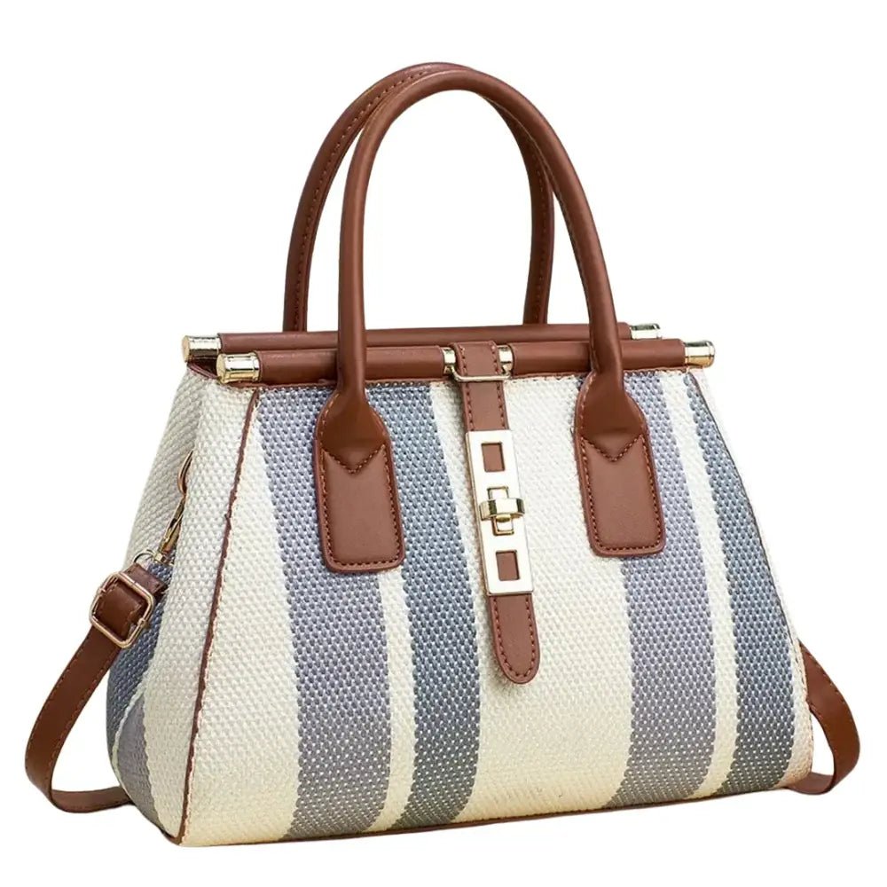 Sac à main coloré avec rayures et accents en cuir marron pour un style élégant