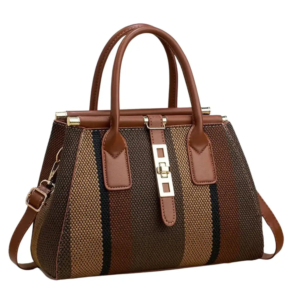 Sac à main coloré avec rayures marron et accents en cuir, élégant et tendance