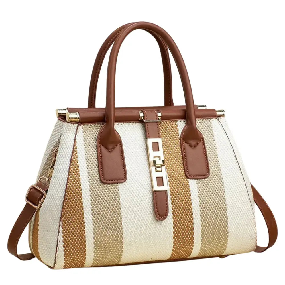 Sac à main coloré avec rayures tissées et accents en cuir marron