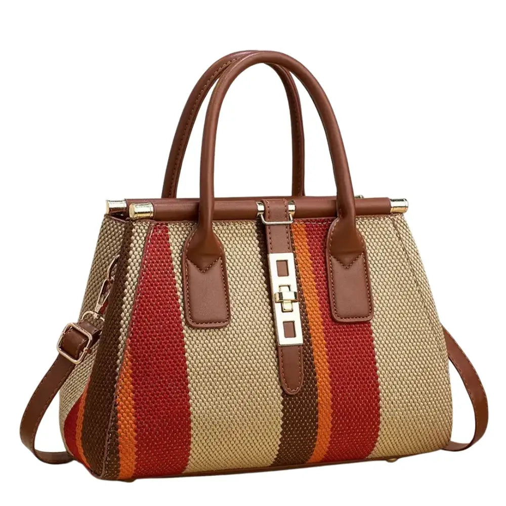 Sac à main coloré avec rayures tissées et accents en cuir marron