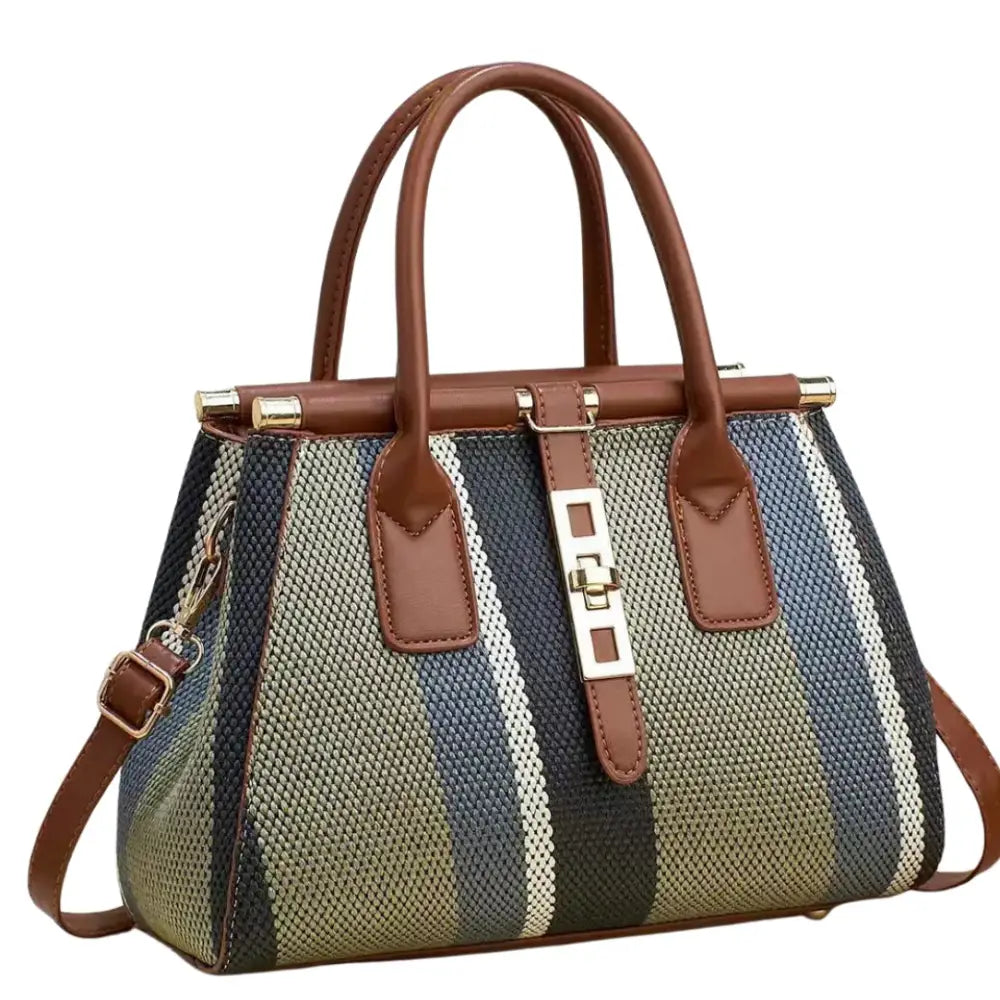 Sac à main coloré avec rayures et accents en cuir marron pour un style chic