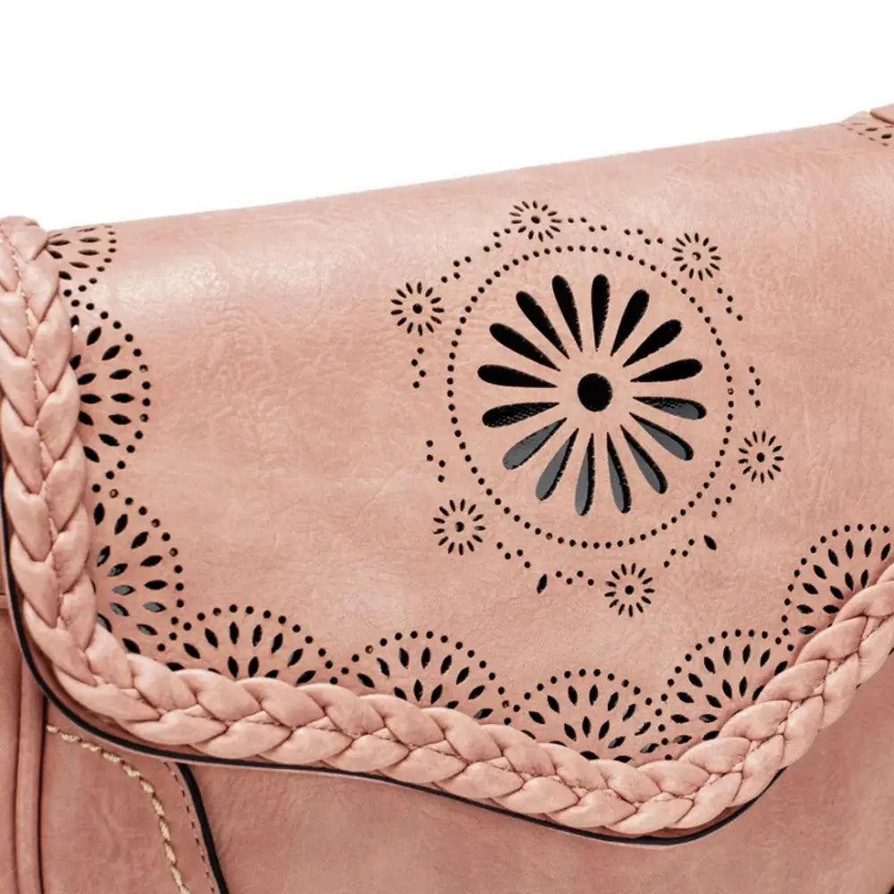 Flap de sac à main cuir vintage rose avec découpe laser, Main cuir vintage élégante