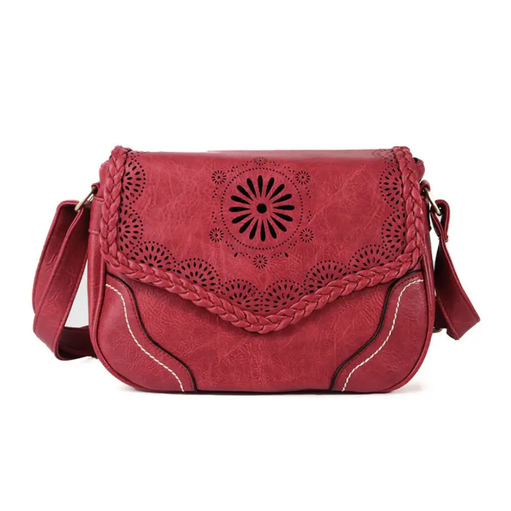 Sac à main cuir vintage rusté avec maroon crossbody et découpes florales