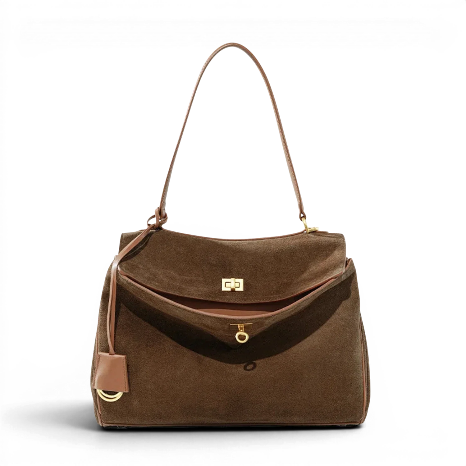 Sac à main de cours capucine en daim souple marron avec quincaillerie dorée et bandoulière assortie
