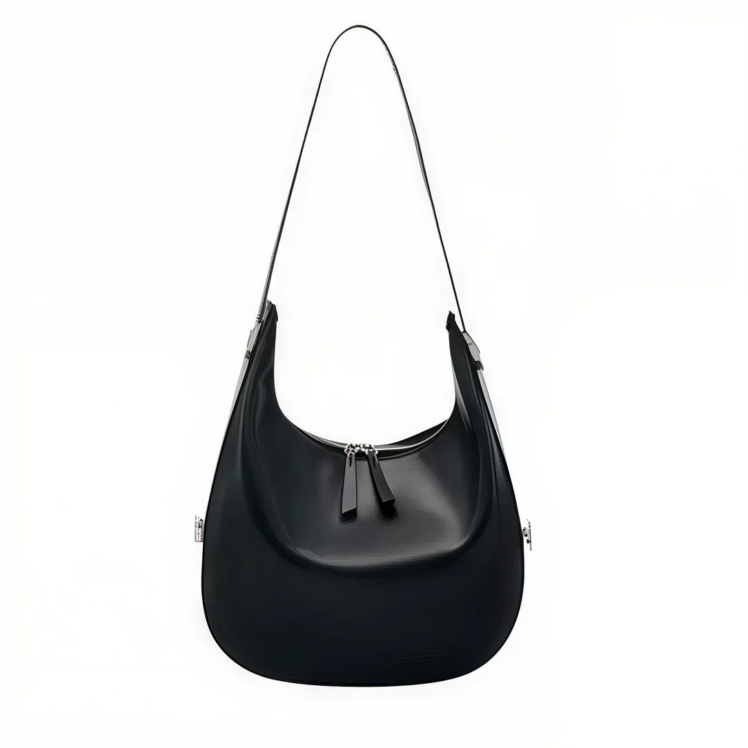 Sac à main demi lune en cuir noir, élégant sac main demi lune pour femme