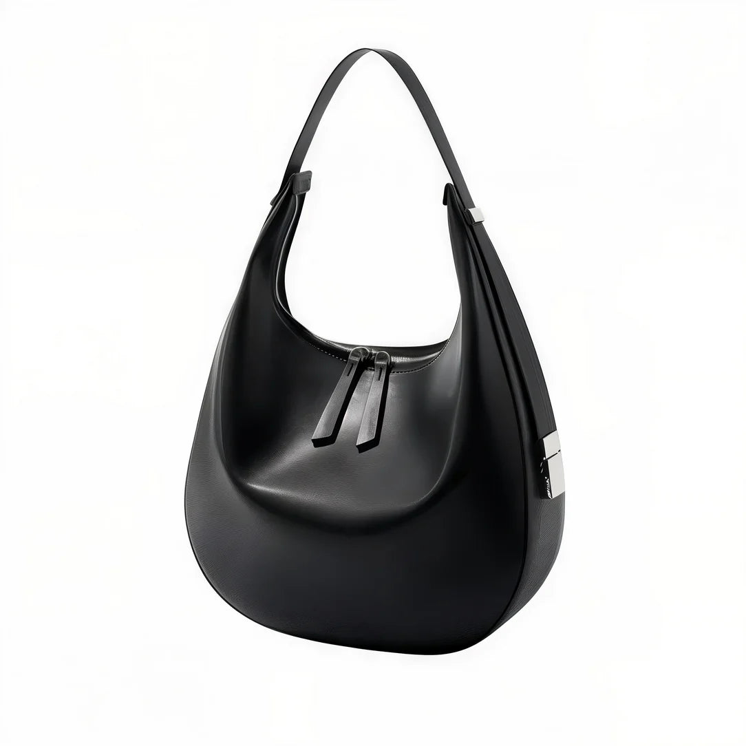 Sac à main demi lune en cuir noir, style hobo, parfait pour un look chic