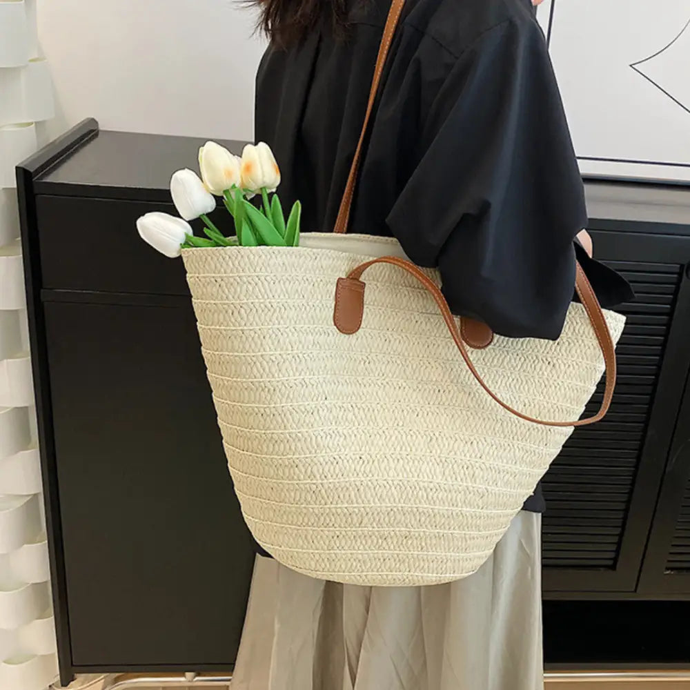Sac à main en paille Serena avec anse en cuir, sac à main en toile naturelle