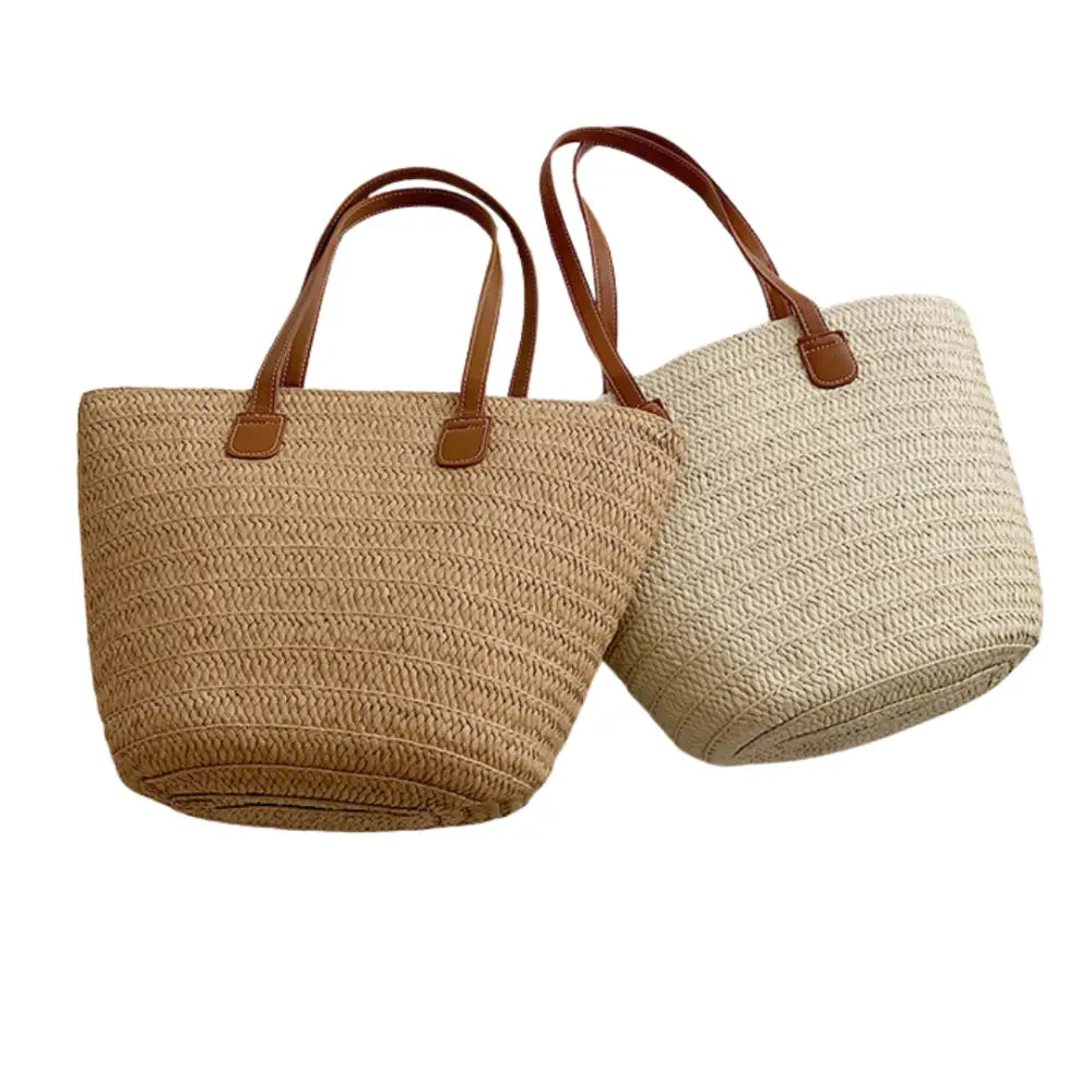 Sac à main en paille Serena avec deux sacs tissés et poignées en cuir