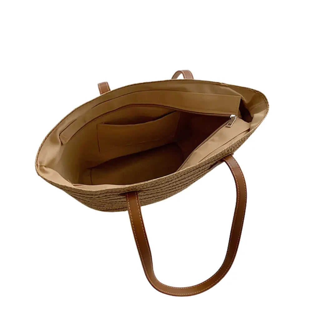 Sac à main en paille Serena avec grand sac en paille marron ouvert