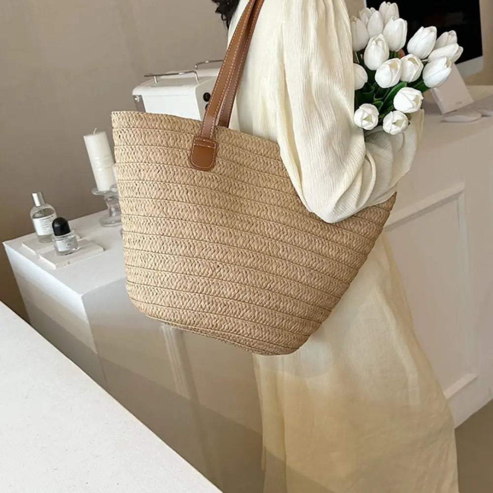 Sac à main en paille avec poignées en cuir, tote en osier tissé Serena