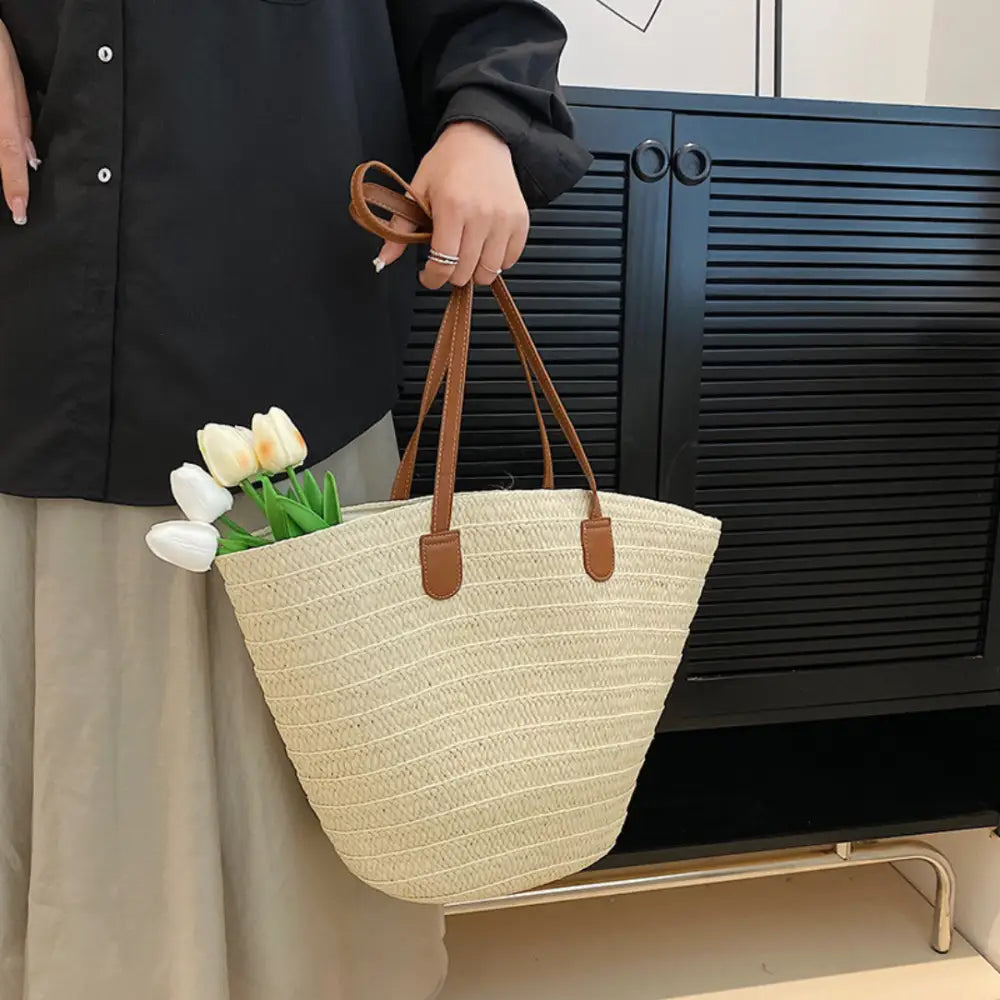 Sac à main en paille avec poignées en cuir, sac à main Serena tendance et écologique
