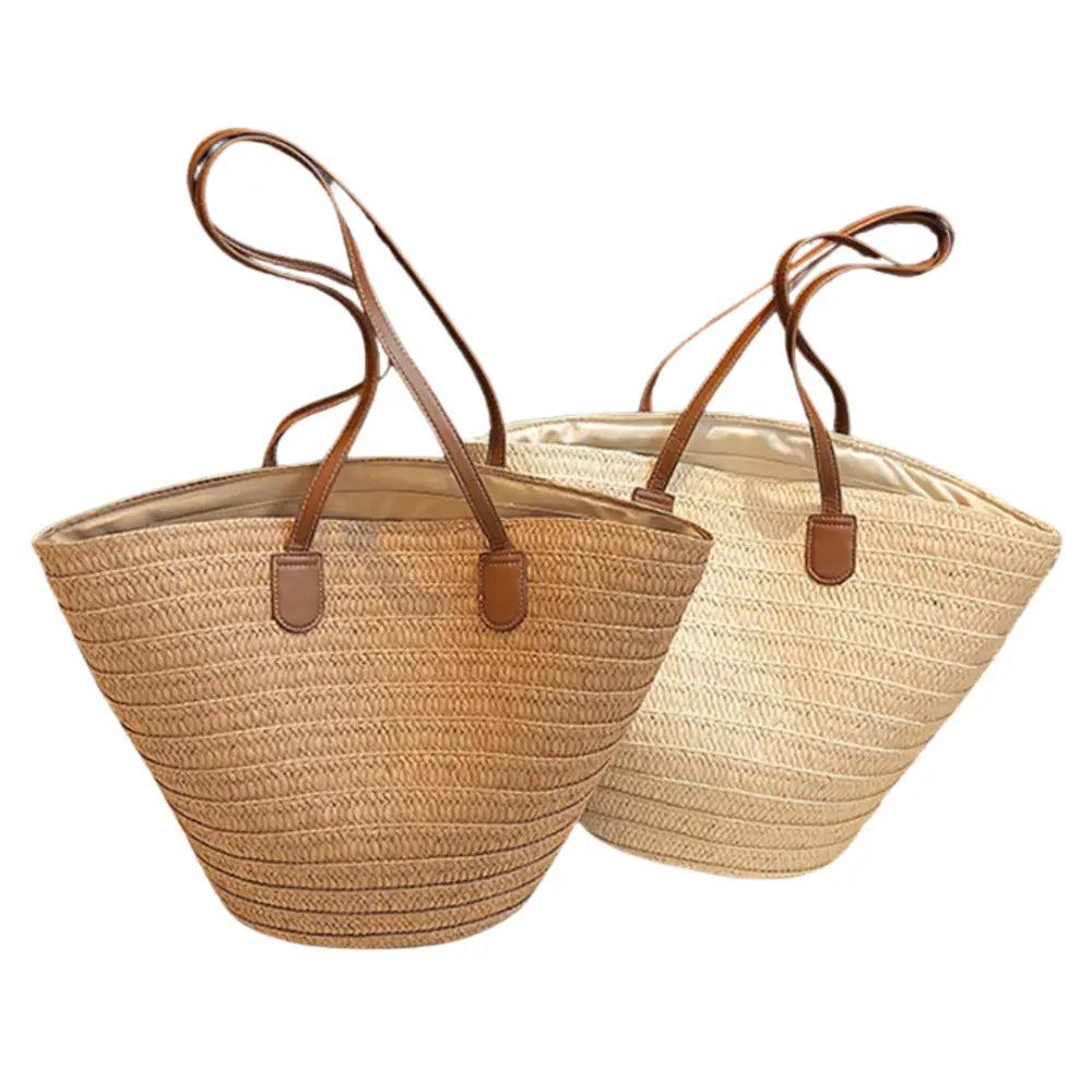 Sac à main en paille Serena avec deux tote bags en paille et cuir marron