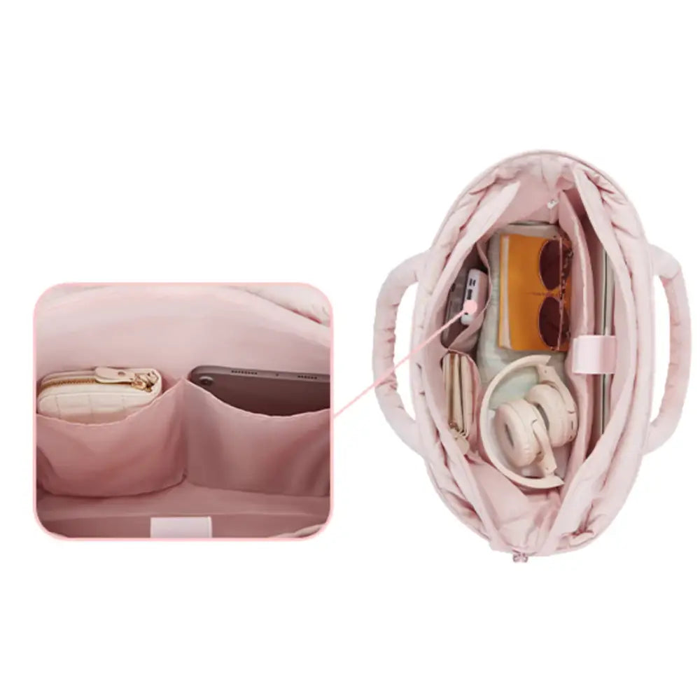 Sac à main en tissu matelassé gonflant rose avec intérieur à poches