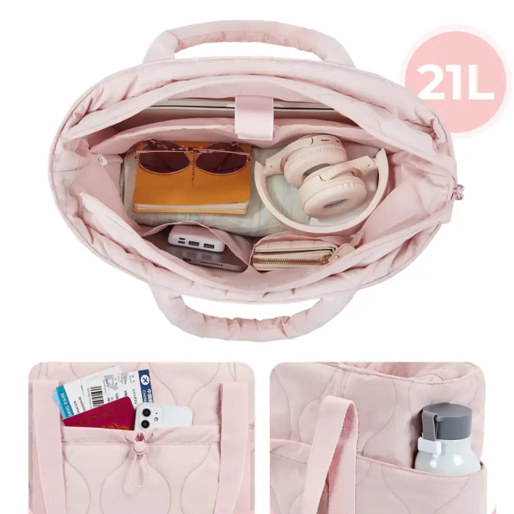 Sac à main en tissu rose matelassé gonflant ouvert, style élégant Bella