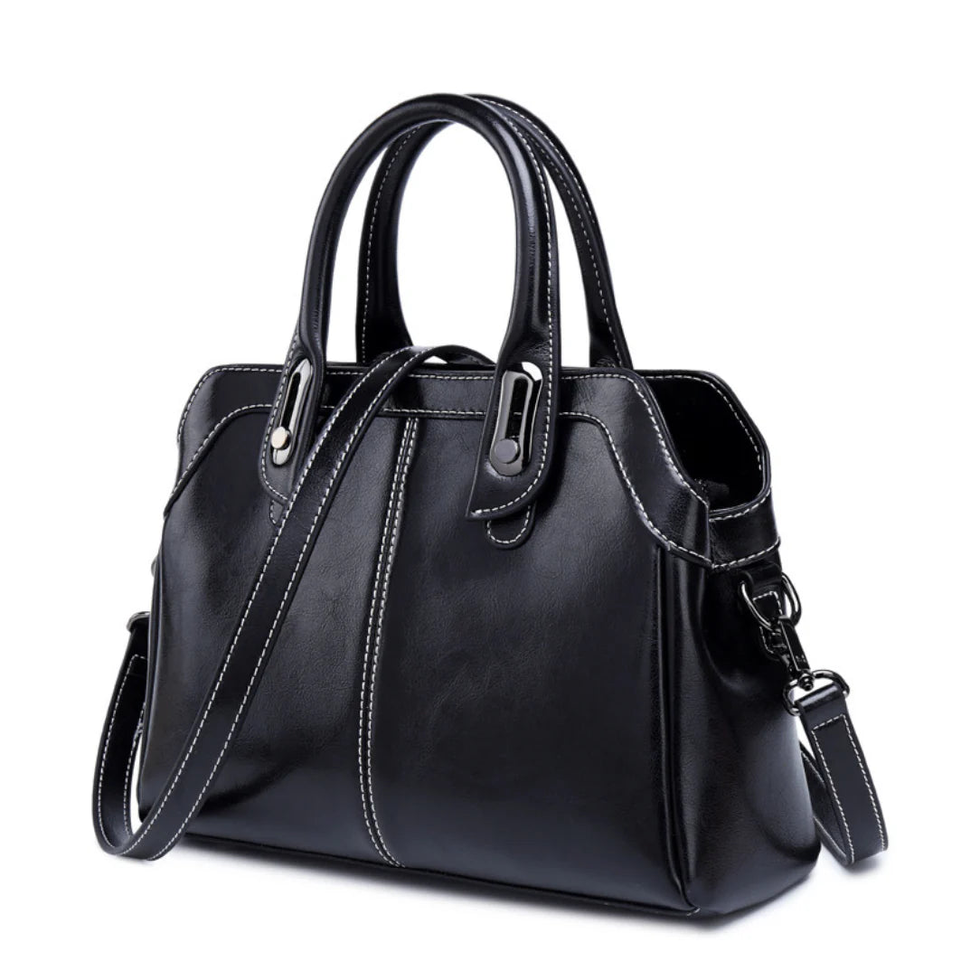 Sac à main femme en cuir premium noir avec couture blanche pour Élégance et style