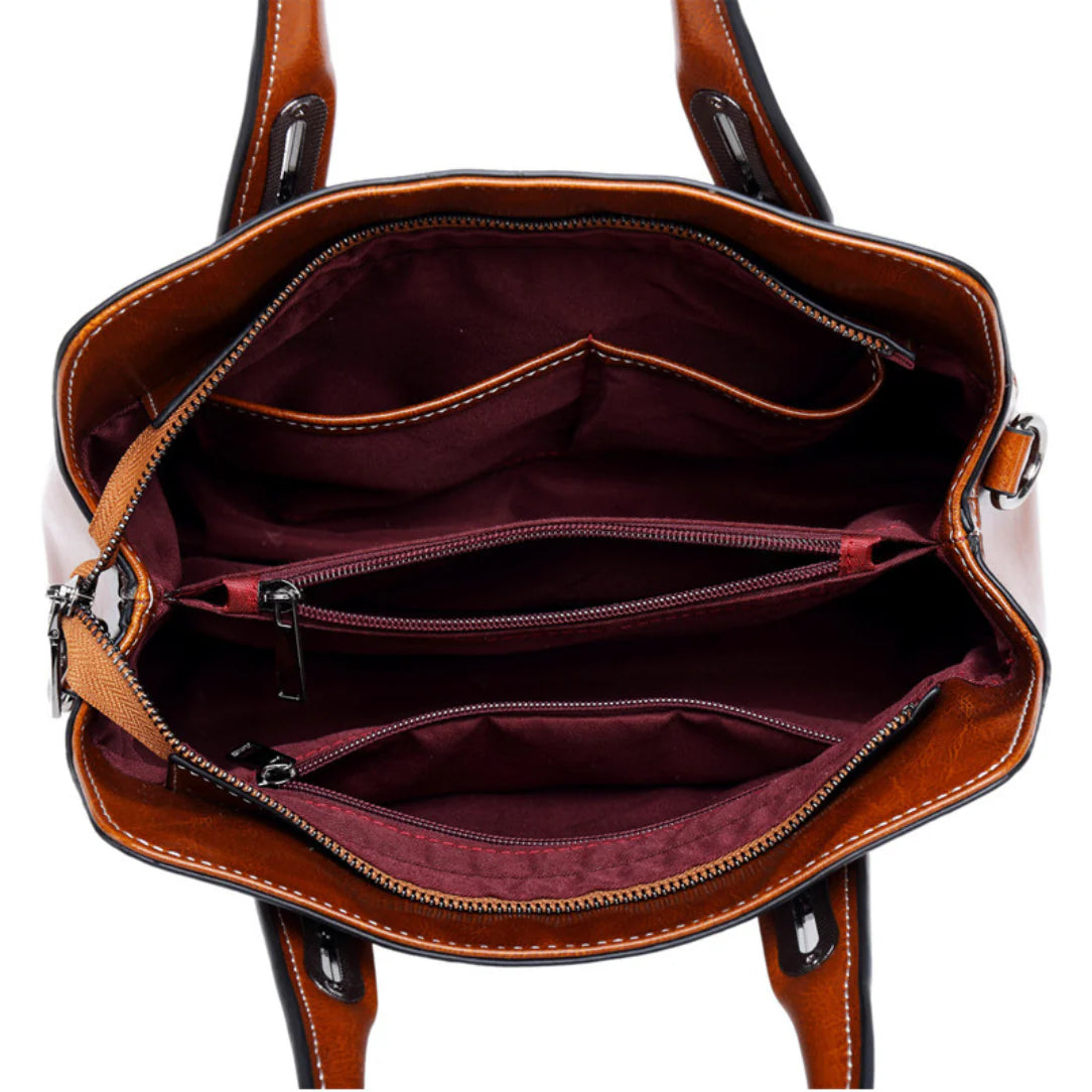 Sac à main femme en cuir premium Elénor, open brown leather handbag with multiple compartments