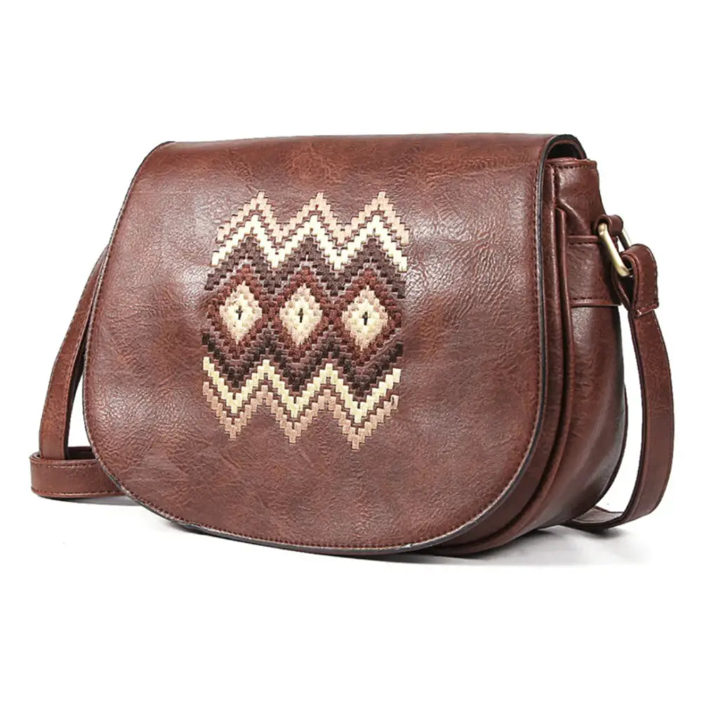 Sacs à main à motif avec sacoche en cuir marron brodée pour femme