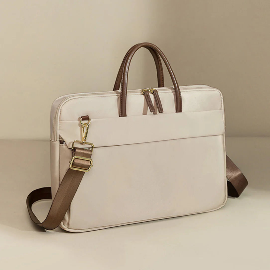 Sac à main ordinateur élégant femme en beige avec finitions cuir et accents marron