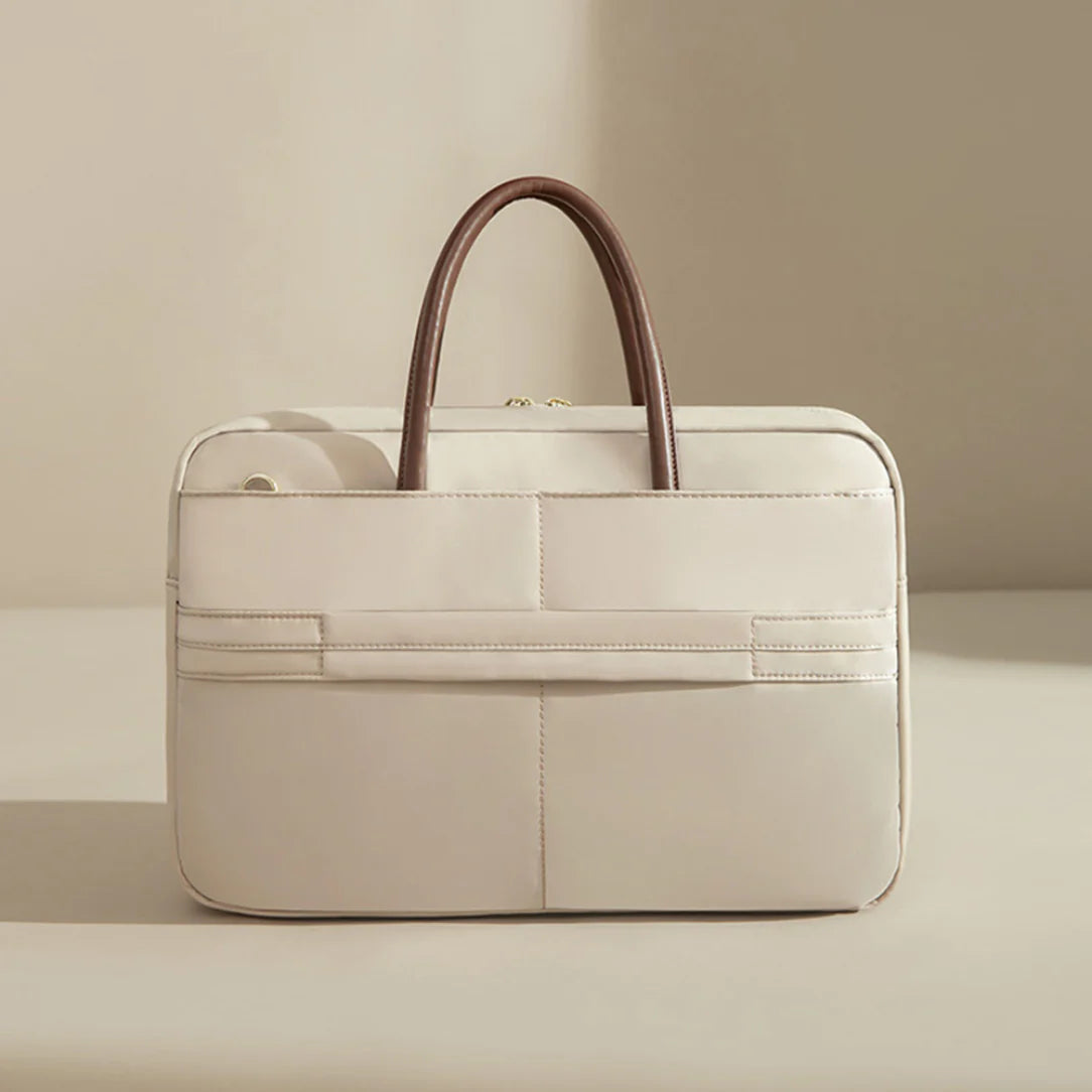 Sac à main ordinateur élégant femme en cuir crème avec poignées marron, finition cuir