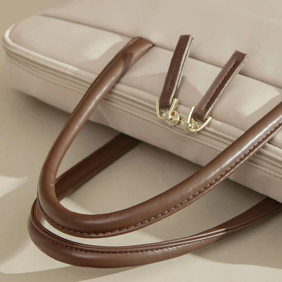 Sac à main ordinateur élégant femme avec finitions cuir, beige, poches brownie
