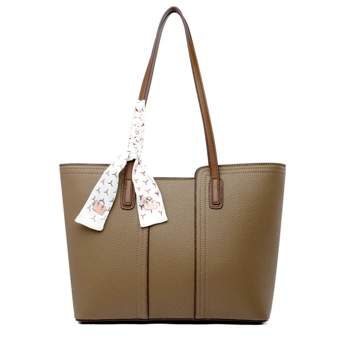 Sac à main porté épaule en cuir texturé marron avec foulard, Mereen